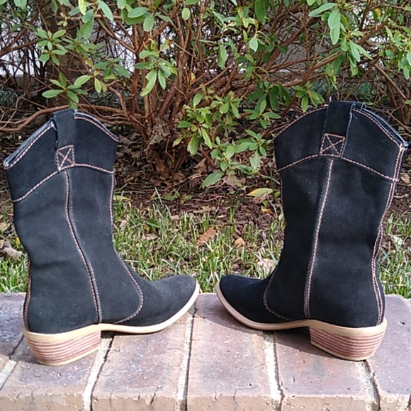 Black Suede Cowboy Boot Pull-on Small Heel Size 7 - Picture 4 of 6